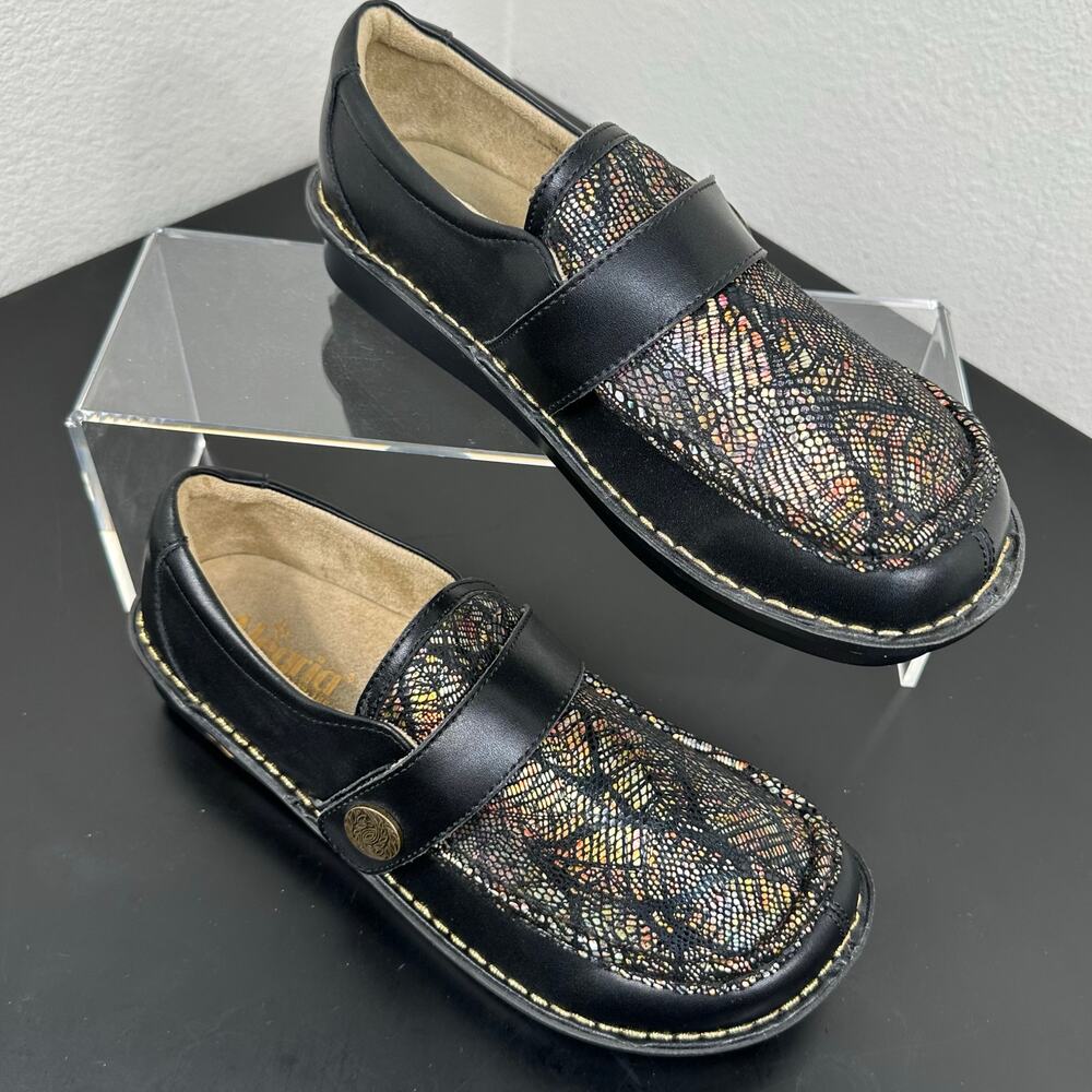 Alegria Women Black Metallic Leather Moc Toe Loafers Slip On Size 10 Preowned